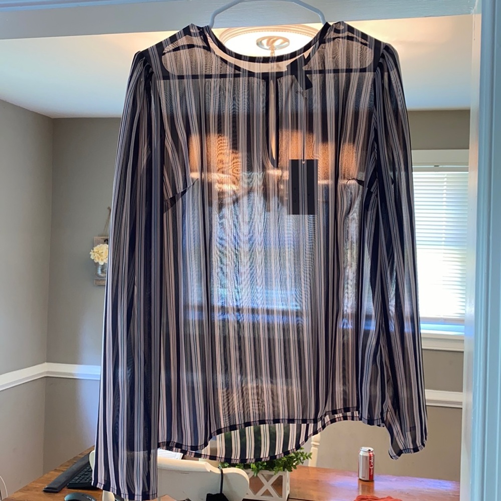 Long sleeve navy and pink see through shirt
